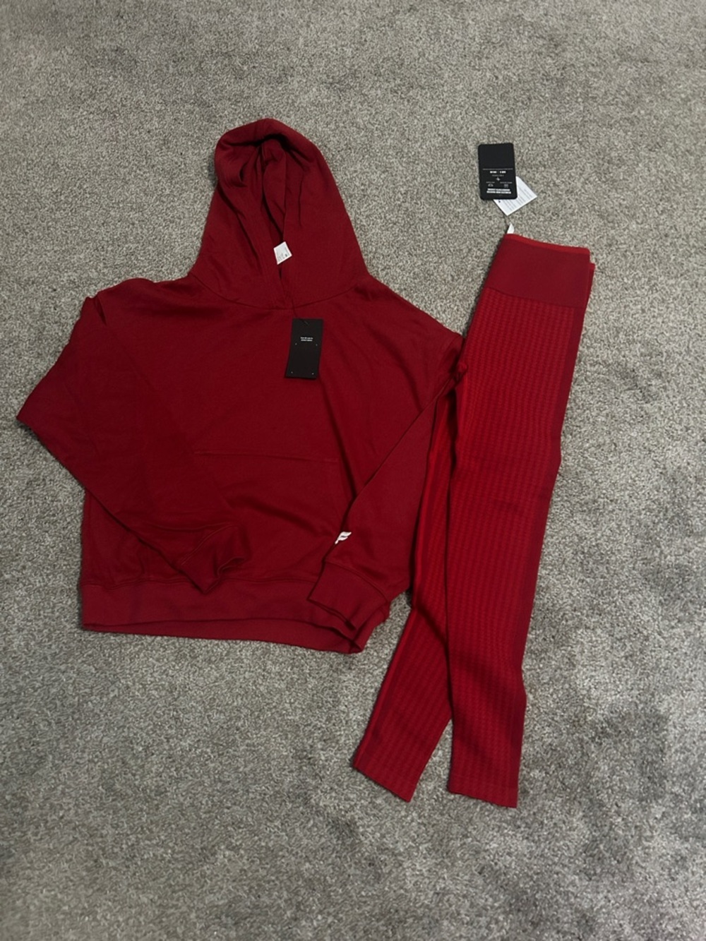 Red Hooded Sweatshirt and Ribbed Leggings Set